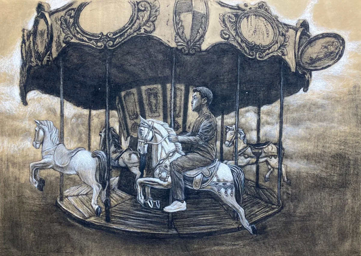 Charcoal drawing of a boy riding a carousel horse