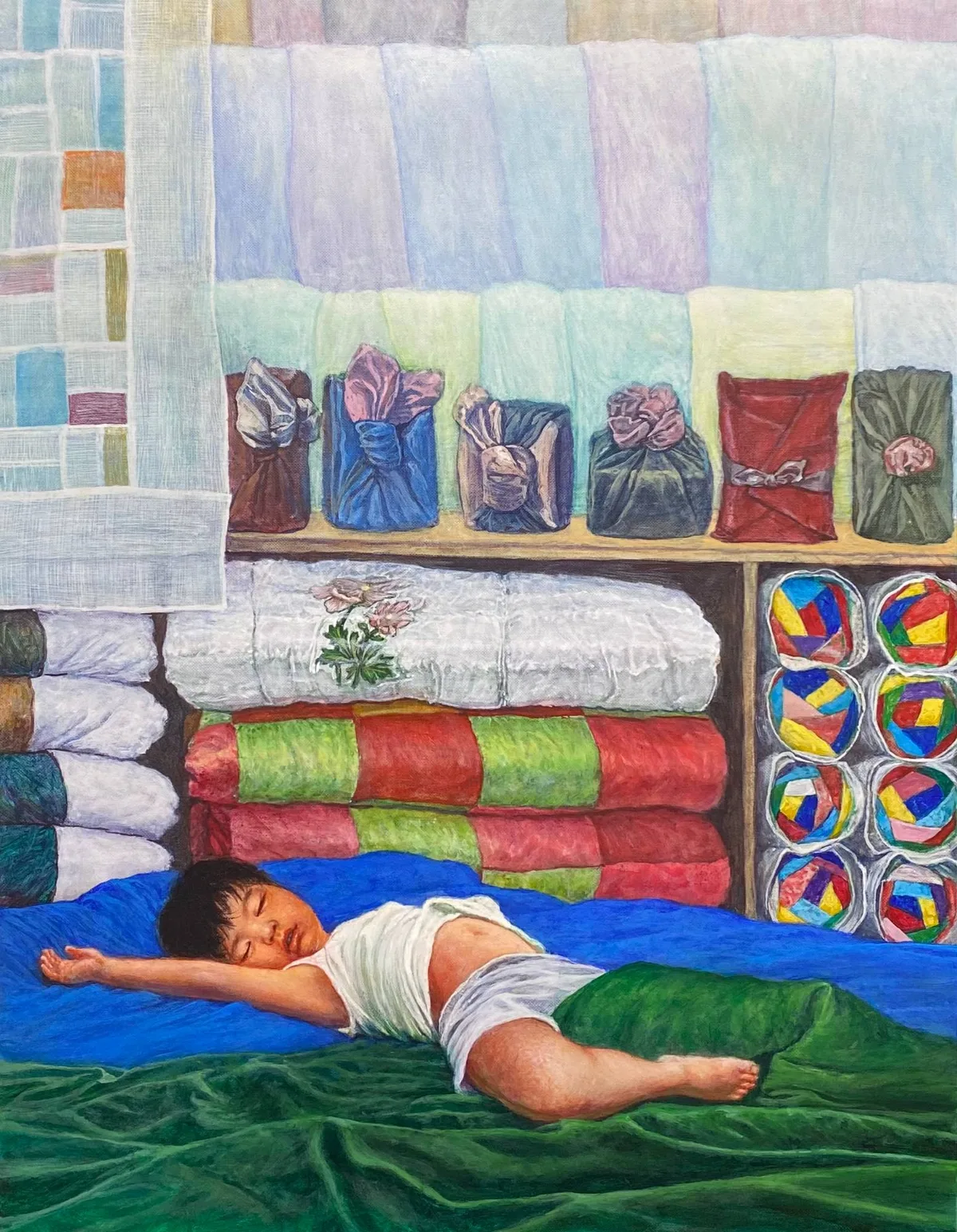 Oil painting of a sleeping child resting on a cloth bundle in front of a shelf