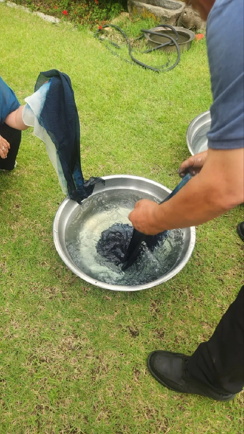 Rinsing indigo-dyed cloth in a steel basin on the grass