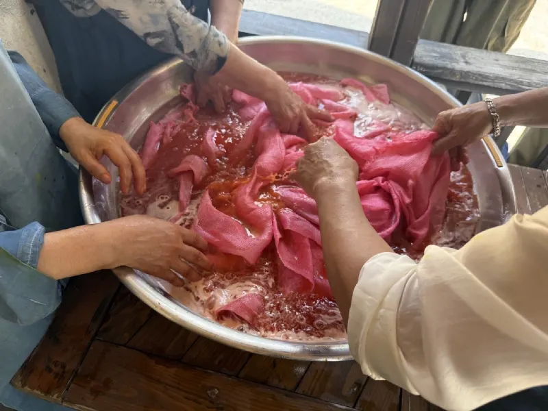 Four pairs of hands working pink cloth in one steel basin