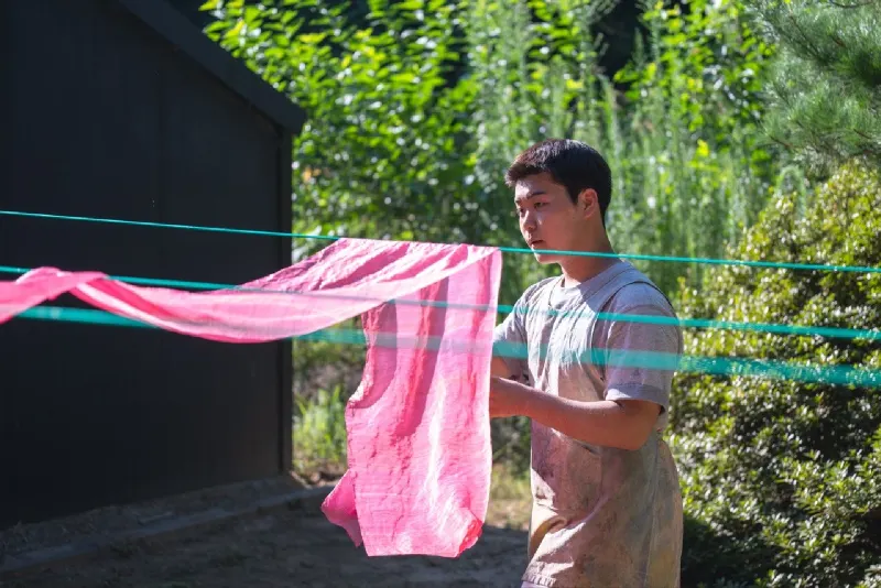 Hanging pink cloth on green lines to dry in the wind