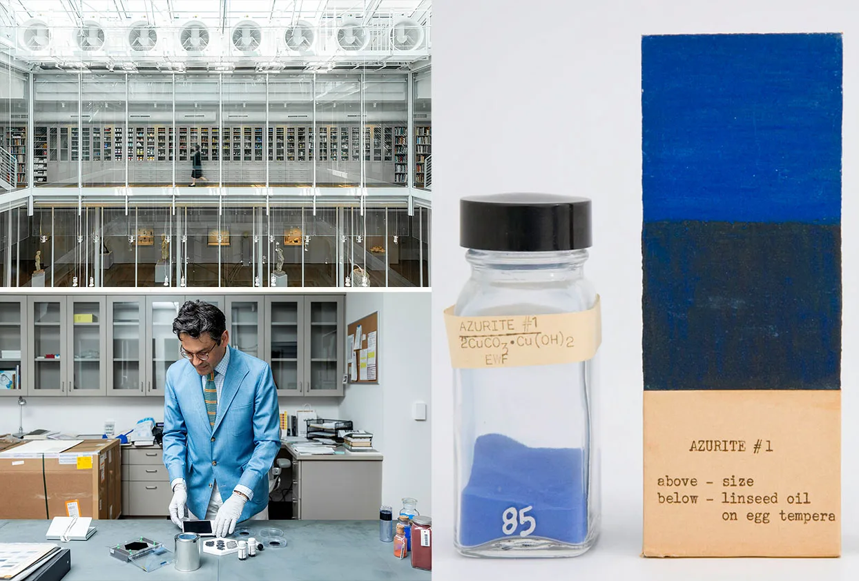 The Forbes Pigment Collection library and storage hall, a researcher handling pigment samples, a bottle of azurite pigment and its painted sample card