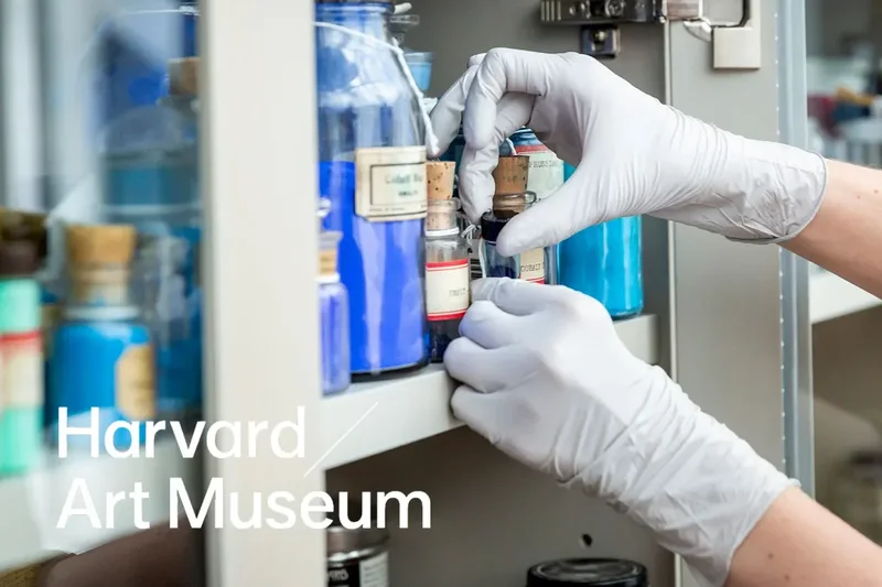 Gloved hands taking a small pigment bottle from a shelf of blue pigment jars at the Harvard Art Museums