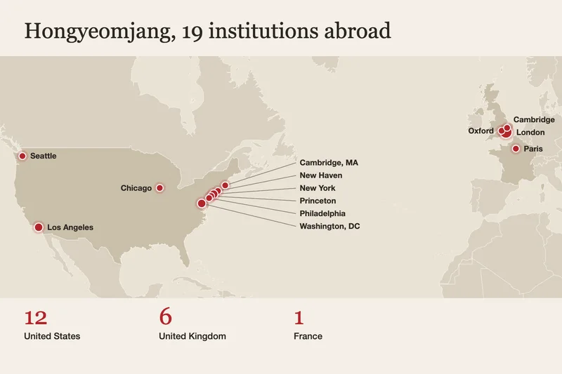 Map of the United States, the United Kingdom and France with red markers on the cities that received the reprinted Hongyeomjang: 12 institutions in the United States, 6 in the United Kingdom and 1 in France