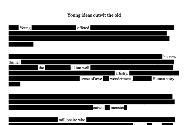 Blackout poem Young ideas outwit the old, a printed page with most words covered in black