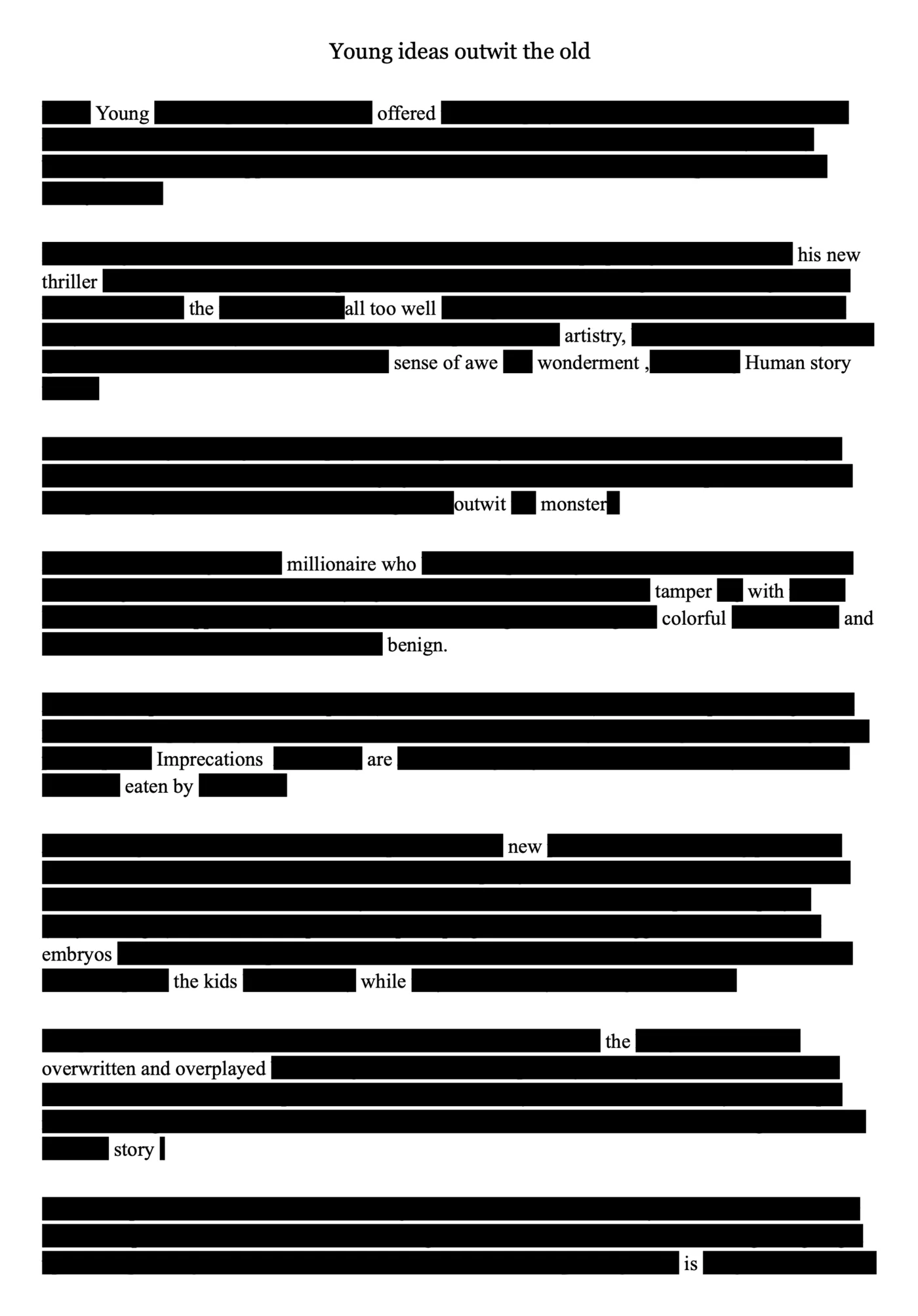 Page 1 of 2 of the blackout poem Young ideas outwit the old