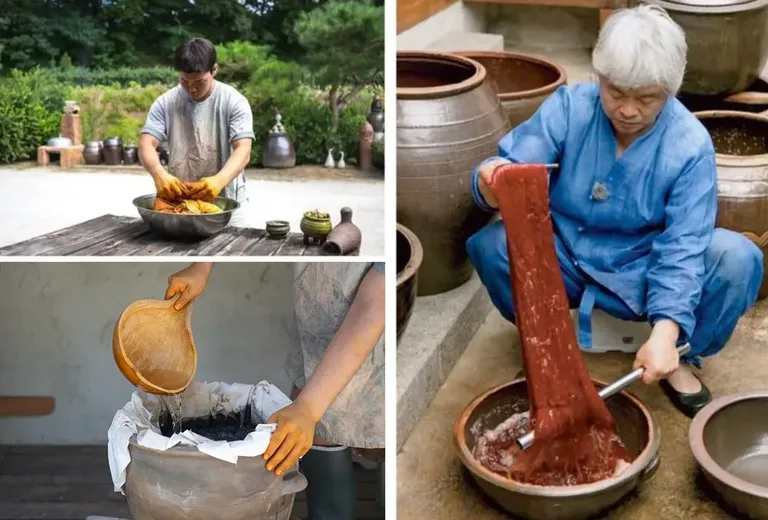 Photo collage of safflower dyeing: kneading safflower petals by hand, straining the dye through cloth, and Master Kim Gyeong-yeol lifting red silk from a dye bowl